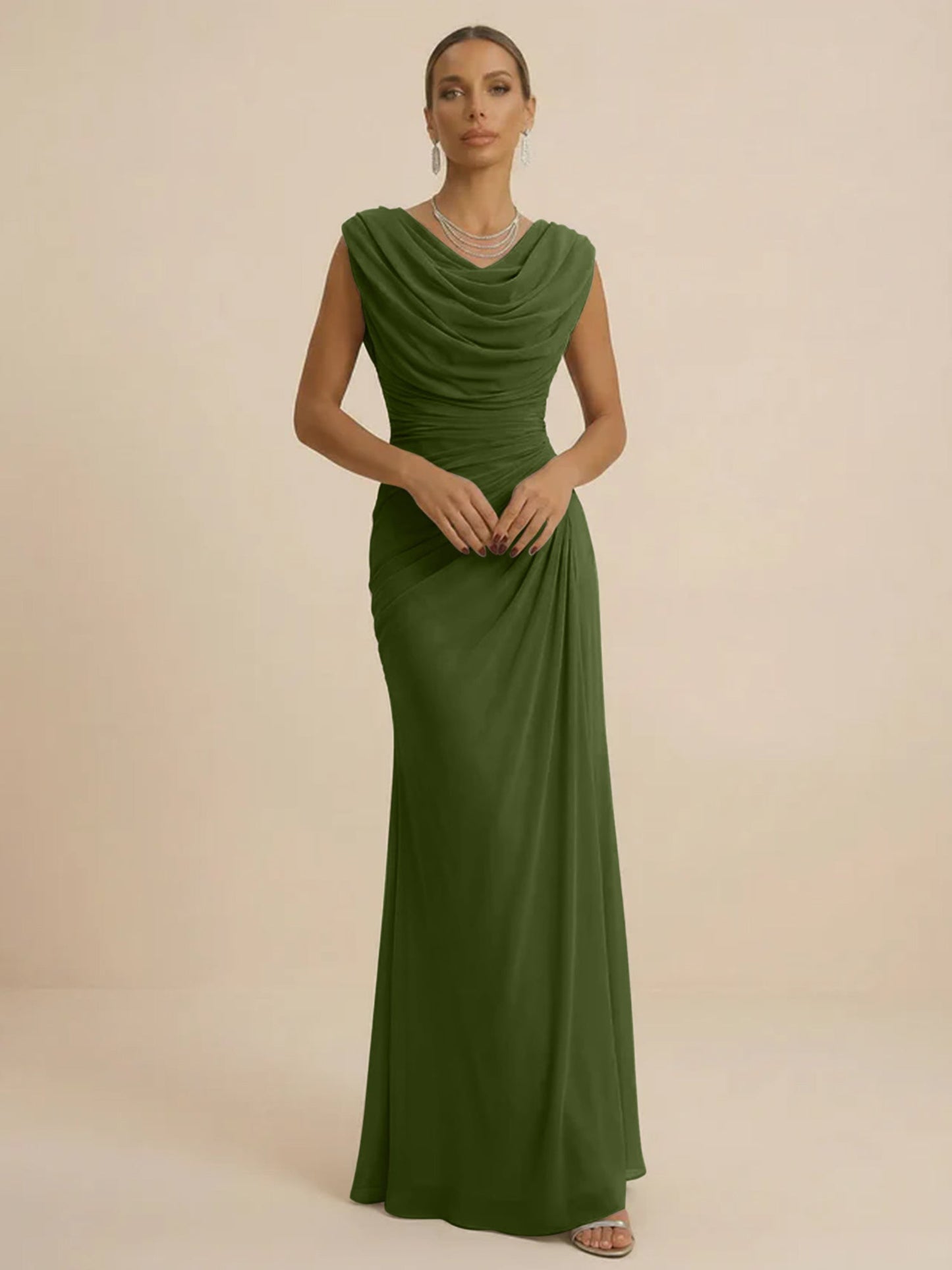 Mist | Draped Cowl Neck Ruched Chiffon Wedding Guest Dress