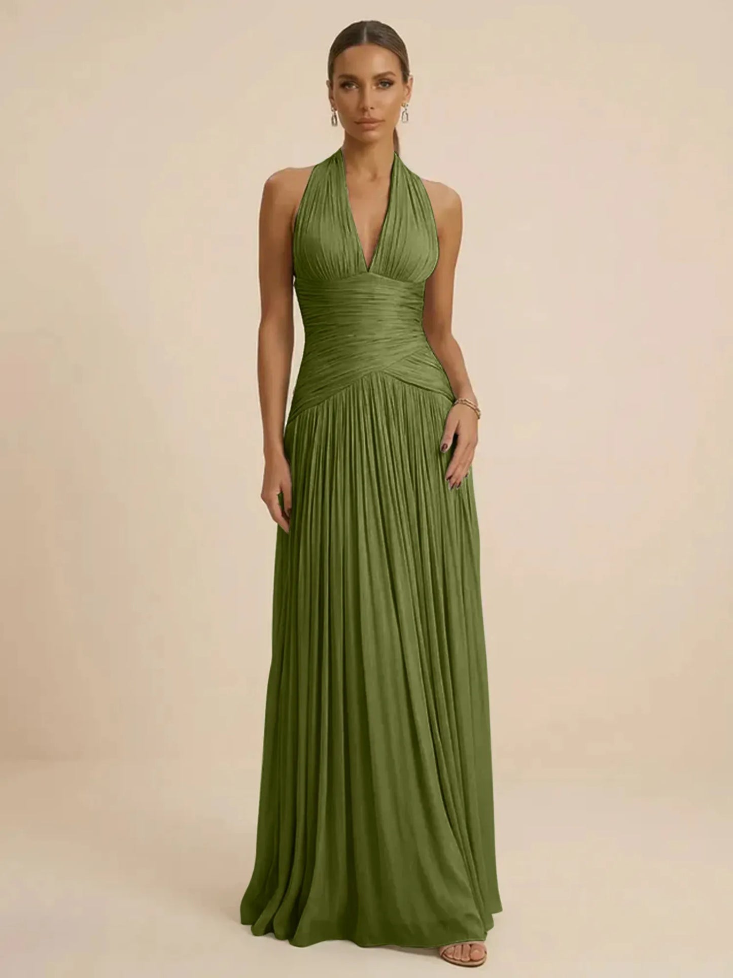 Sage | Halter Neck Pleated Ruched Chiffon Summer Wedding Guest Dress