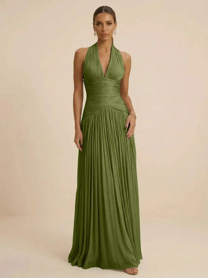 Sage | Halter Neck Pleated Ruched Chiffon Summer Wedding Guest Dress