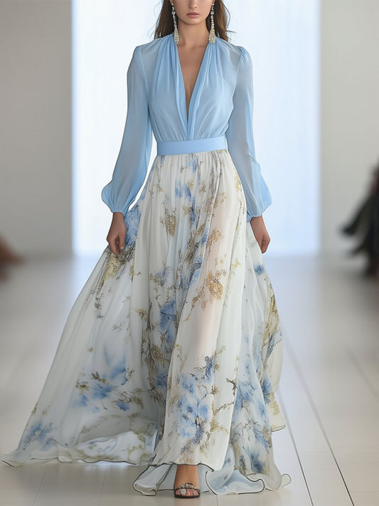 Aurora | Botanical Print Print V Neck Chiffon Maxi Dress