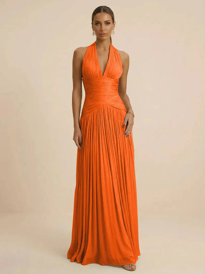 Sage | Halter Neck Pleated Ruched Chiffon Summer Wedding Guest Dress