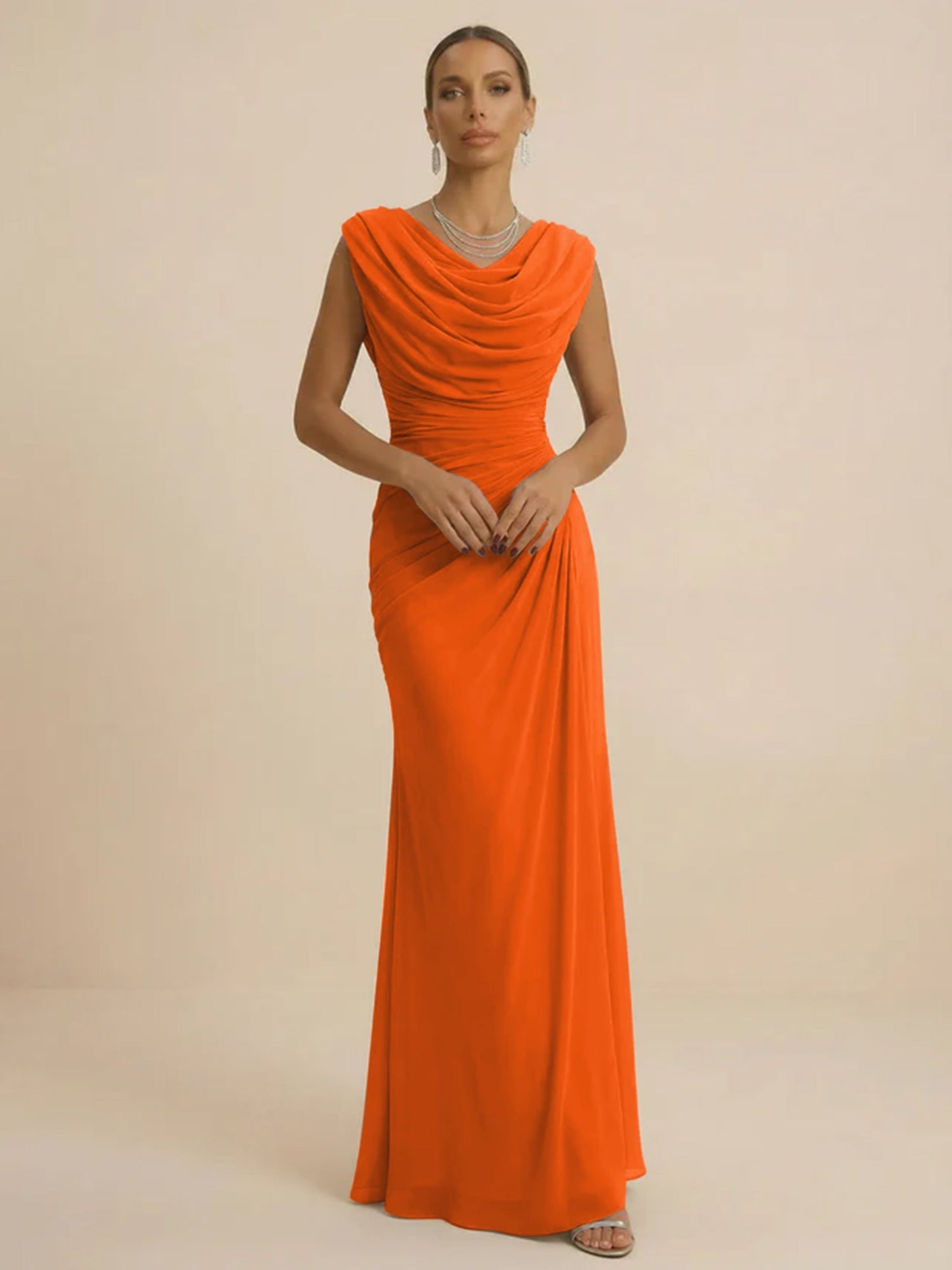 Mist | Draped Cowl Neck Ruched Chiffon Wedding Guest Dress