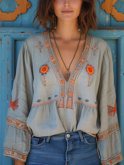 Jocelyn Embroidered V Neck Peasant Blouse