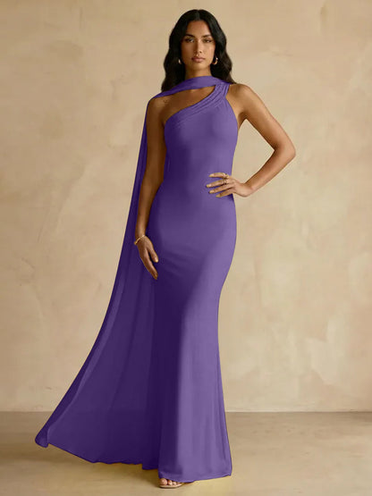 Capey | One Shoulder Crepe Sheath Chiffon Bridesmaid Dress