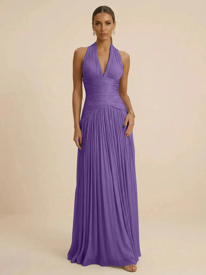 Sage | Halter Neck Pleated Ruched Chiffon Summer Wedding Guest Dress