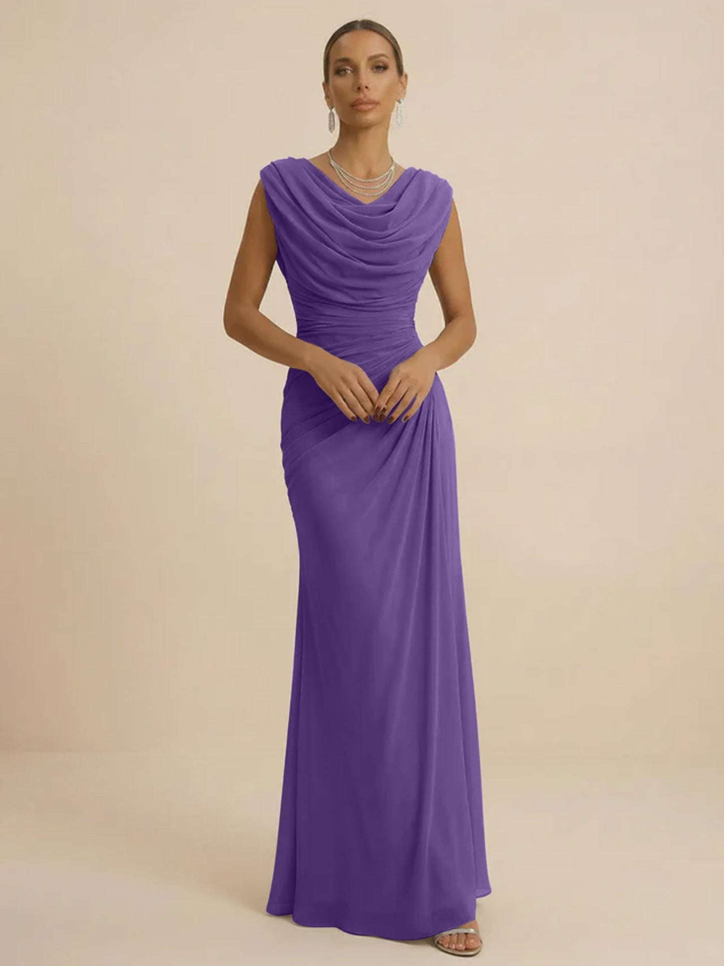 Mist | Draped Cowl Neck Ruched Chiffon Wedding Guest Dress