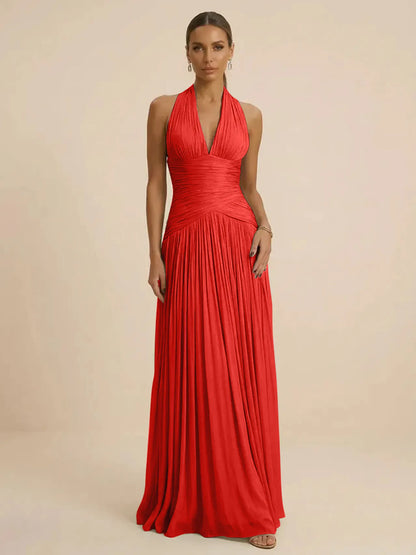 Sage | Halter Neck Pleated Ruched Chiffon Summer Wedding Guest Dress