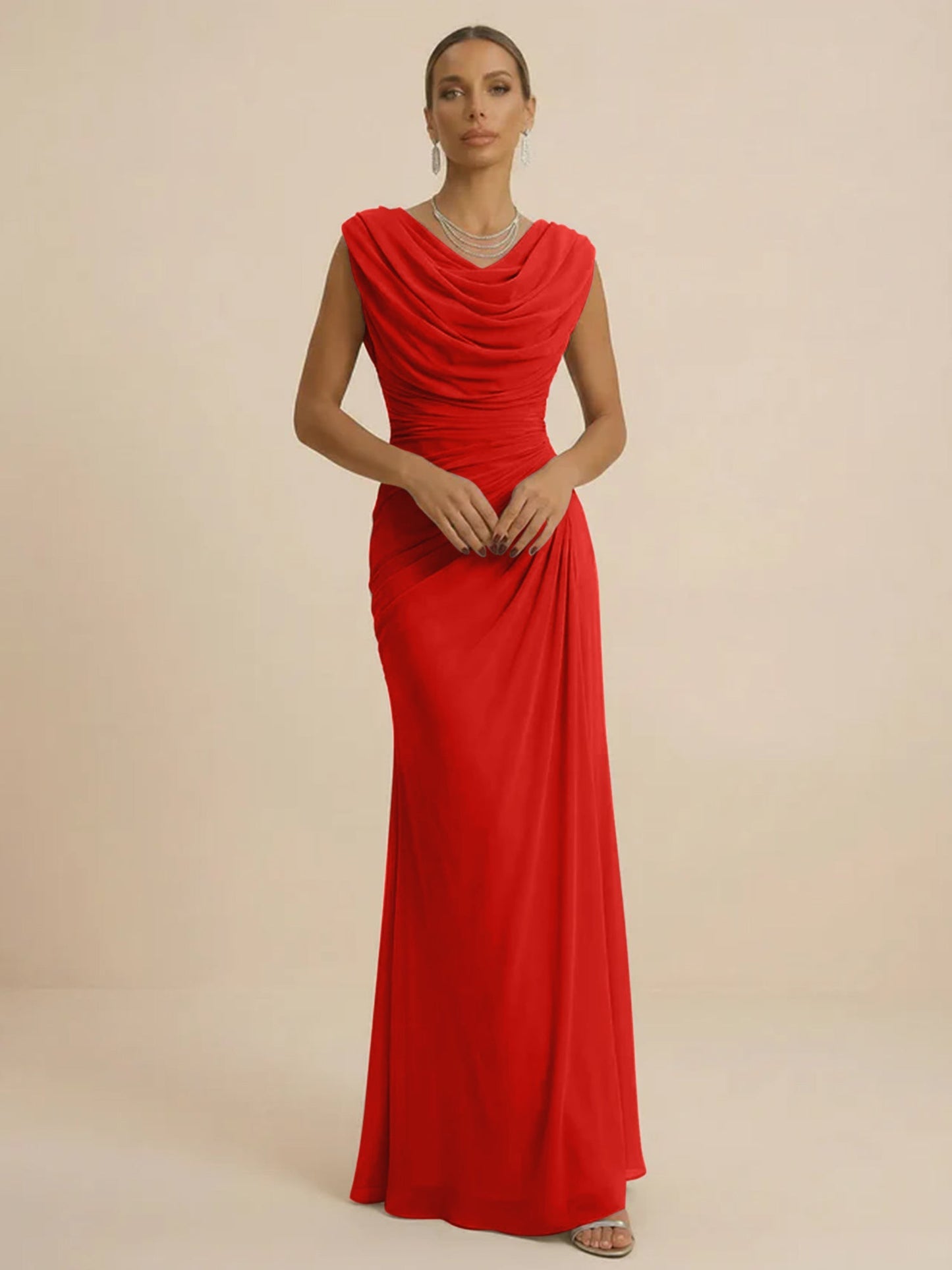 Mist | Draped Cowl Neck Ruched Chiffon Wedding Guest Dress