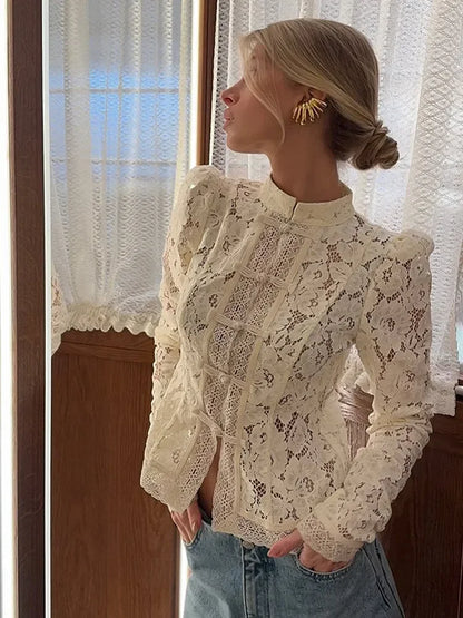 Juniper | Botanical Print Vintage Lace Long Sleeve Fitted Blouse