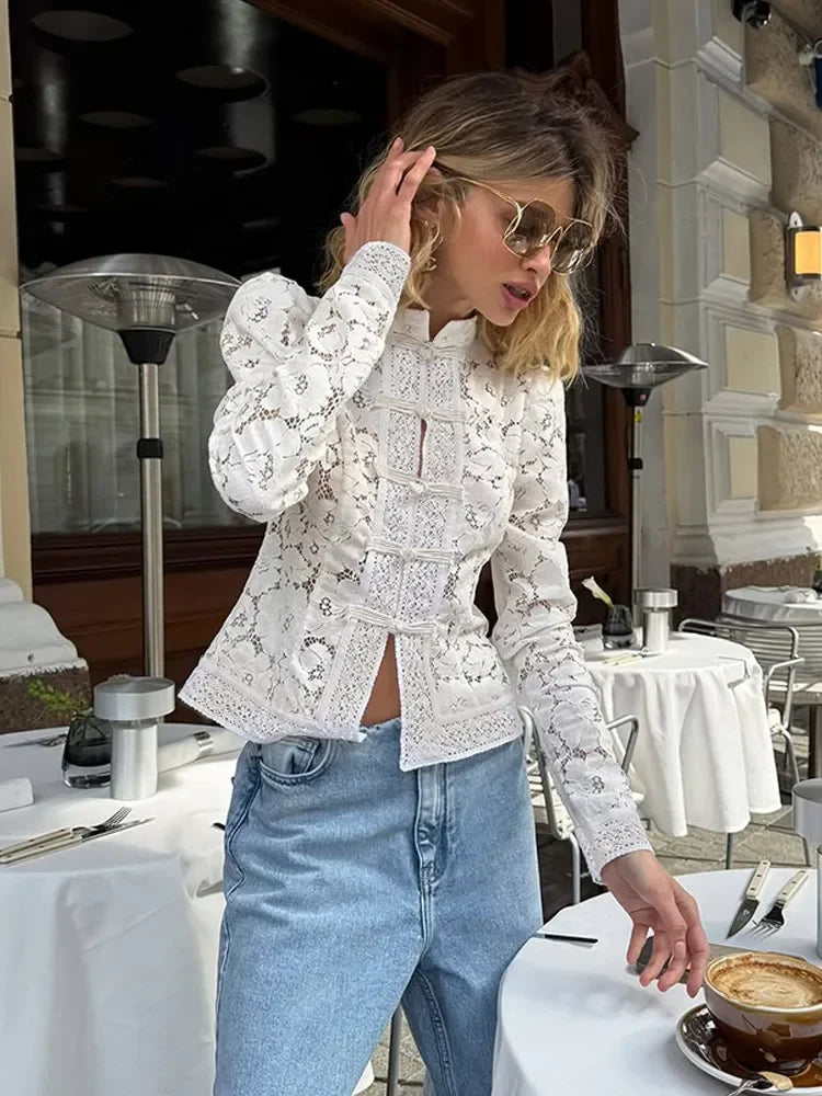 Juniper | Botanical Print Vintage Lace Long Sleeve Fitted Blouse