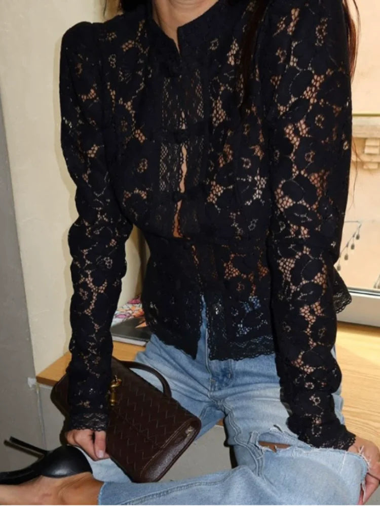 Juniper | Botanical Print Vintage Lace Long Sleeve Fitted Blouse