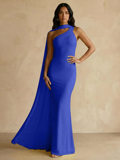 Capey | One Shoulder Crepe Sheath Chiffon Bridesmaid Dress