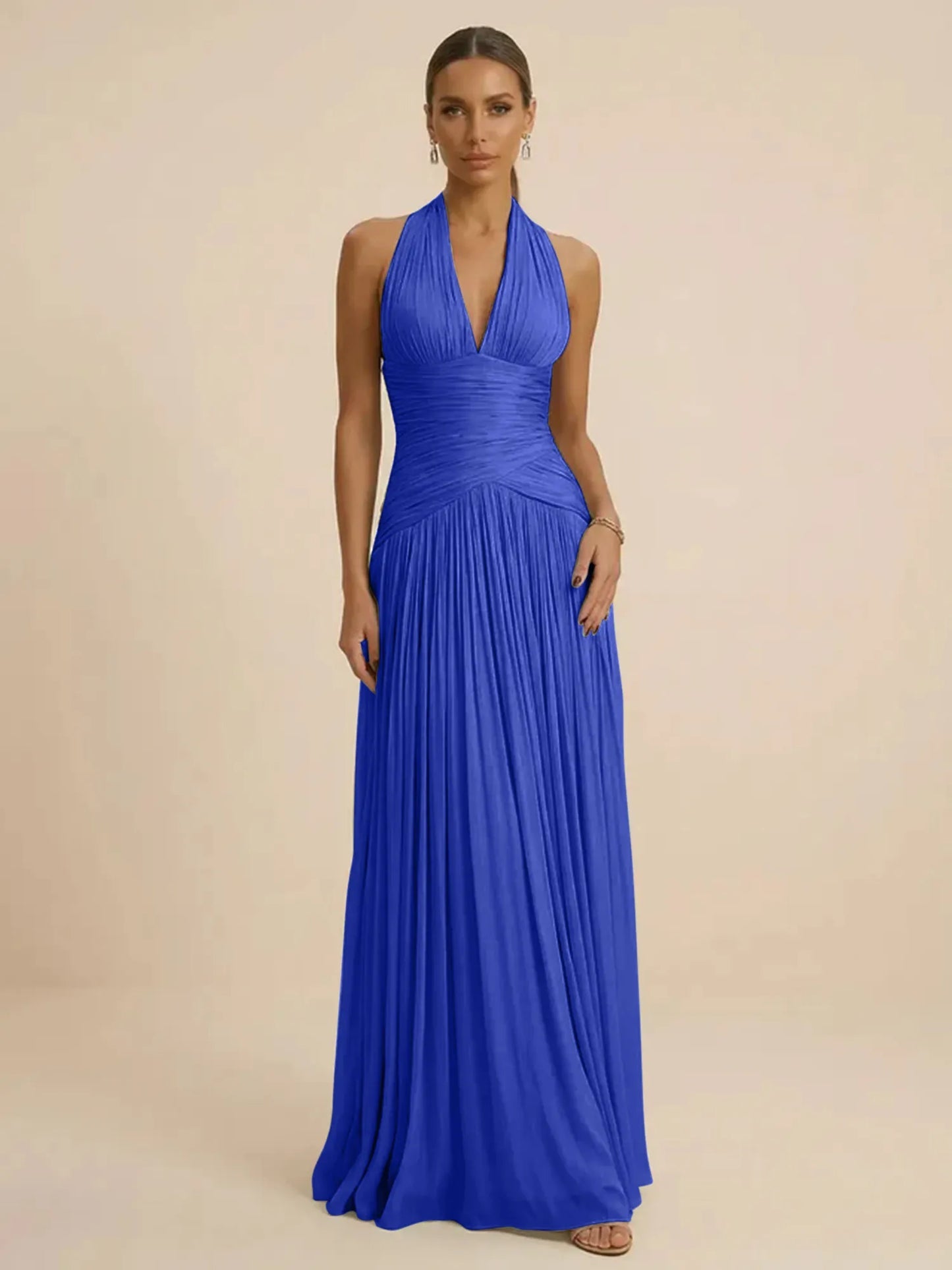 Sage | Halter Neck Pleated Ruched Chiffon Summer Wedding Guest Dress