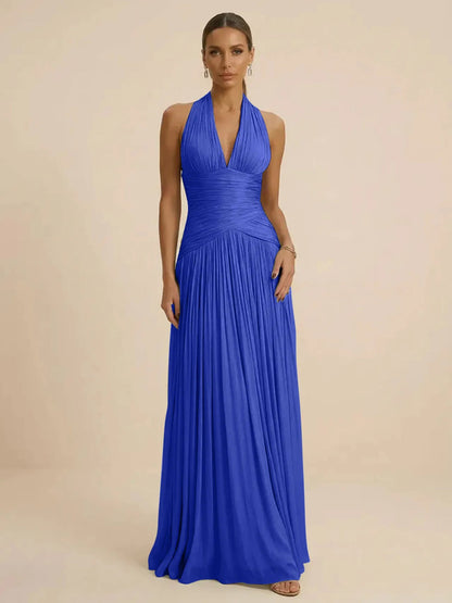 Sage | Halter Neck Pleated Ruched Chiffon Summer Wedding Guest Dress