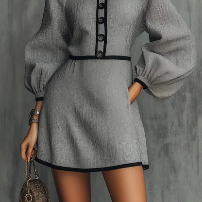 Women's Mini Dress Lantern Sleeve Button Front Contrast Trim A-Line Shift