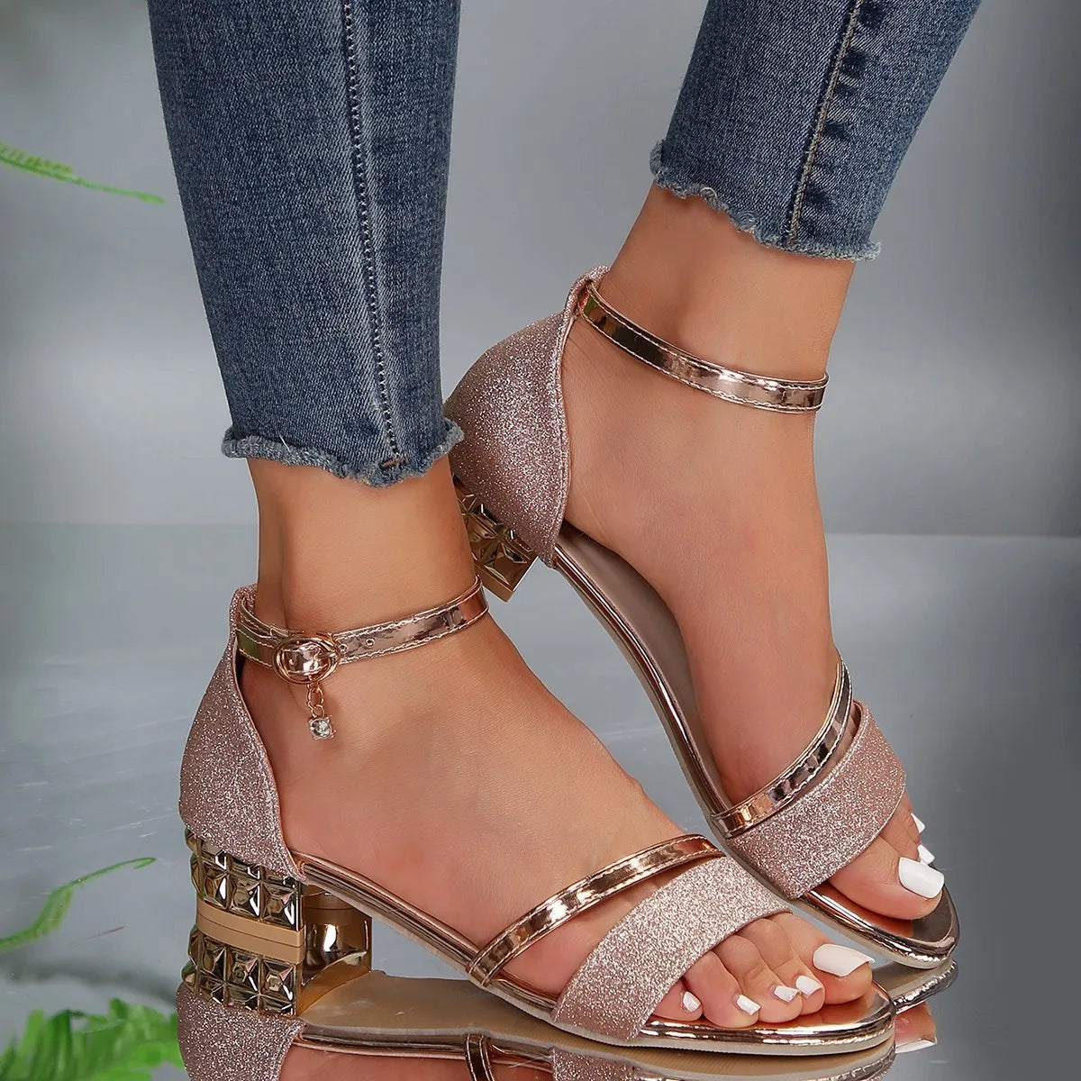 Nicole | Glitter Ankle-Strap Crystal Heeled Sandals