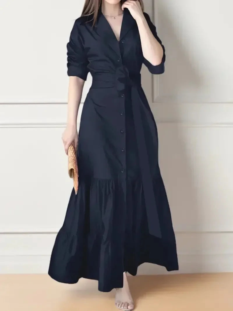 Women's Tiered Tie Waist Maxi Shirt Dress