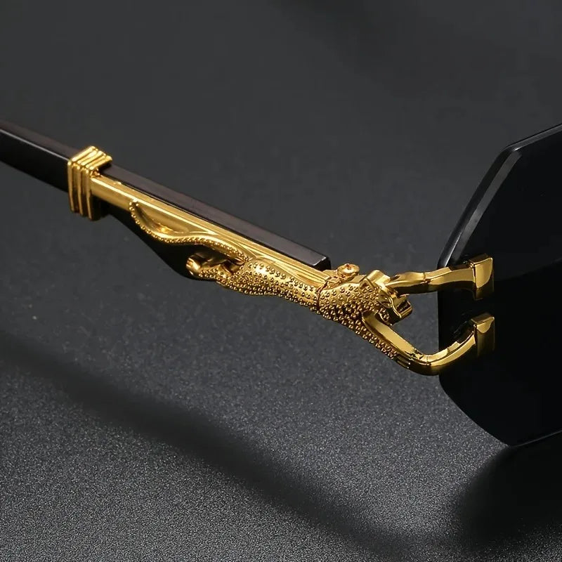 Women's Rimless Geometric Sunglasses with Sculptural Gold Panther Hardware Detail