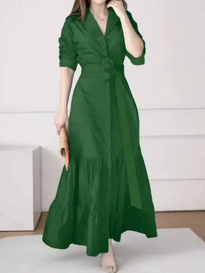 Women's Tiered Tie Waist Maxi Shirt Dress