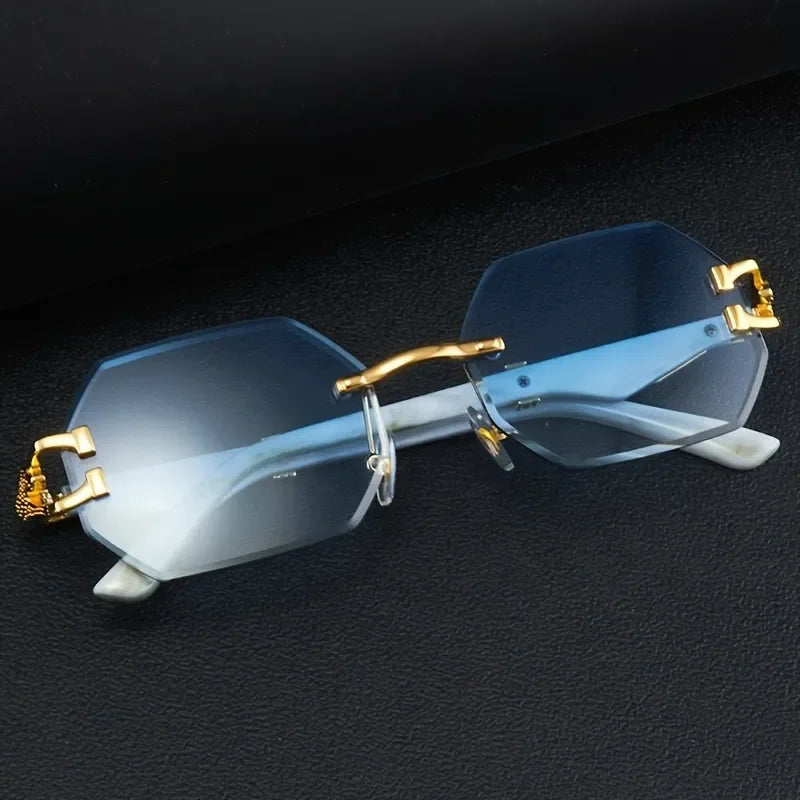 Women's Rimless Geometric Sunglasses with Sculptural Gold Panther Hardware Detail