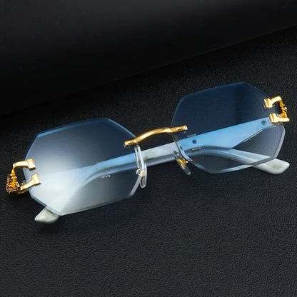 Women's Rimless Geometric Sunglasses with Sculptural Gold Panther Hardware Detail