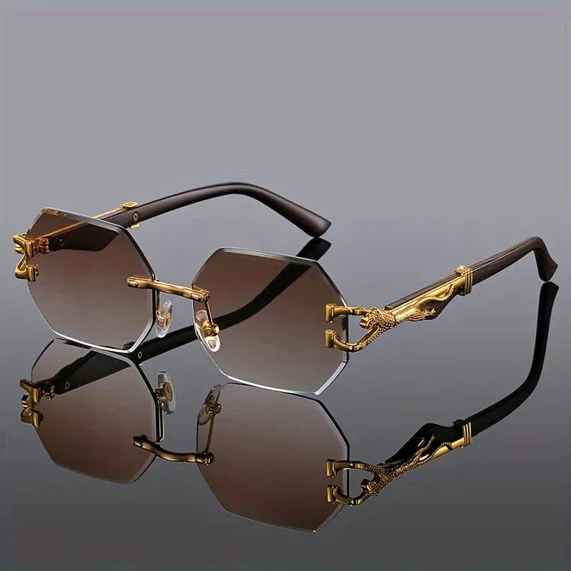 Women's Rimless Geometric Sunglasses with Sculptural Gold Panther Hardware Detail