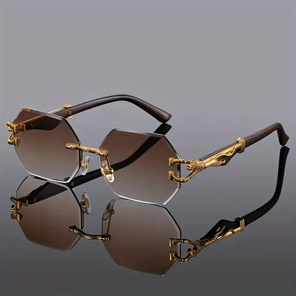 Women's Rimless Geometric Sunglasses with Sculptural Gold Panther Hardware Detail