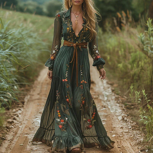 Daphne | Floral Embroidered Boho Maxi Dress