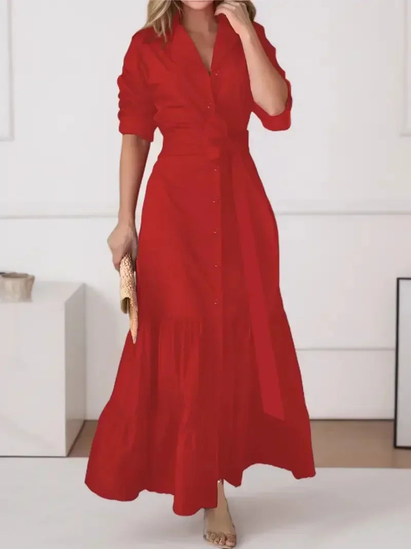 Women's Tiered Tie Waist Maxi Shirt Dress