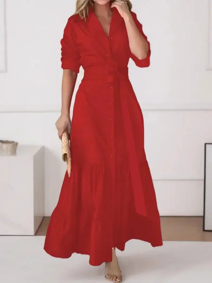 Women's Tiered Tie Waist Maxi Shirt Dress