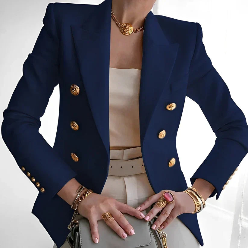 Women's Double-Breasted Blazer with Gold Buttons and Tailored Peak Lapel