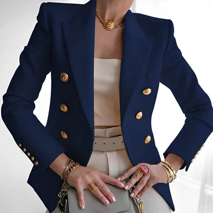 Women's Double-Breasted Blazer with Gold Buttons and Tailored Peak Lapel