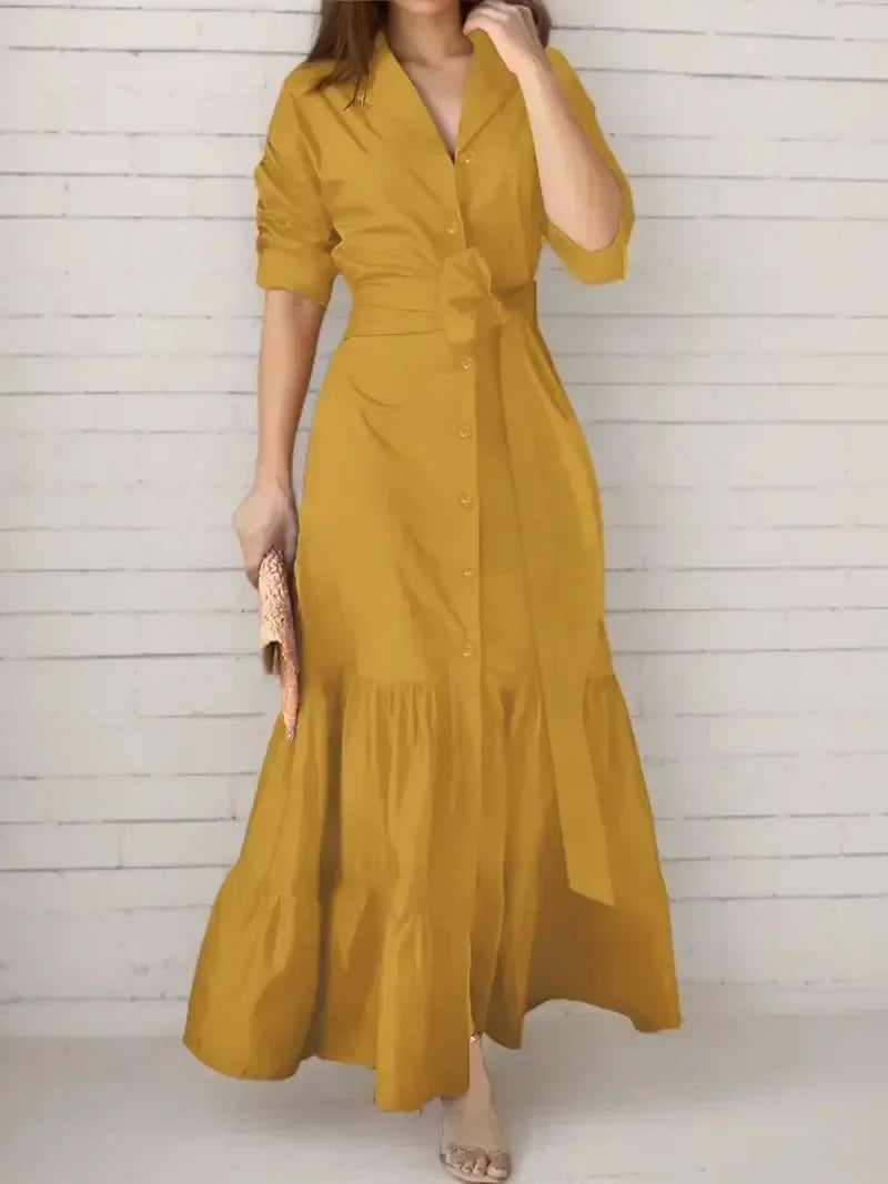 Women's Tiered Tie Waist Maxi Shirt Dress