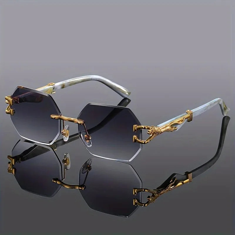 Women's Rimless Geometric Sunglasses with Sculptural Gold Panther Hardware Detail