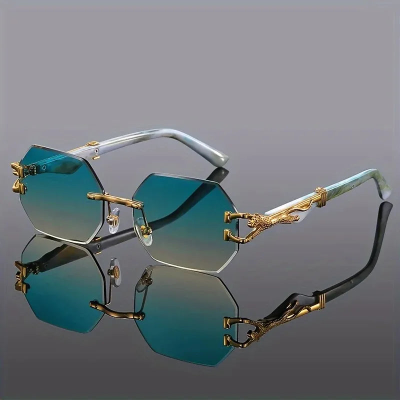 Women's Rimless Geometric Sunglasses with Sculptural Gold Panther Hardware Detail