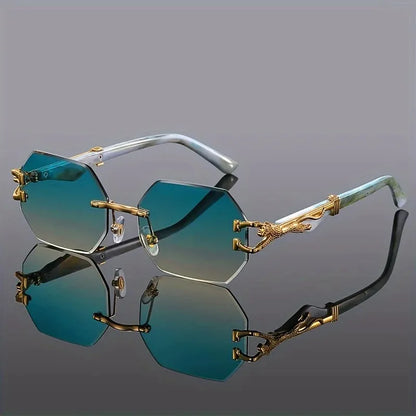 Women's Rimless Geometric Sunglasses with Sculptural Gold Panther Hardware Detail