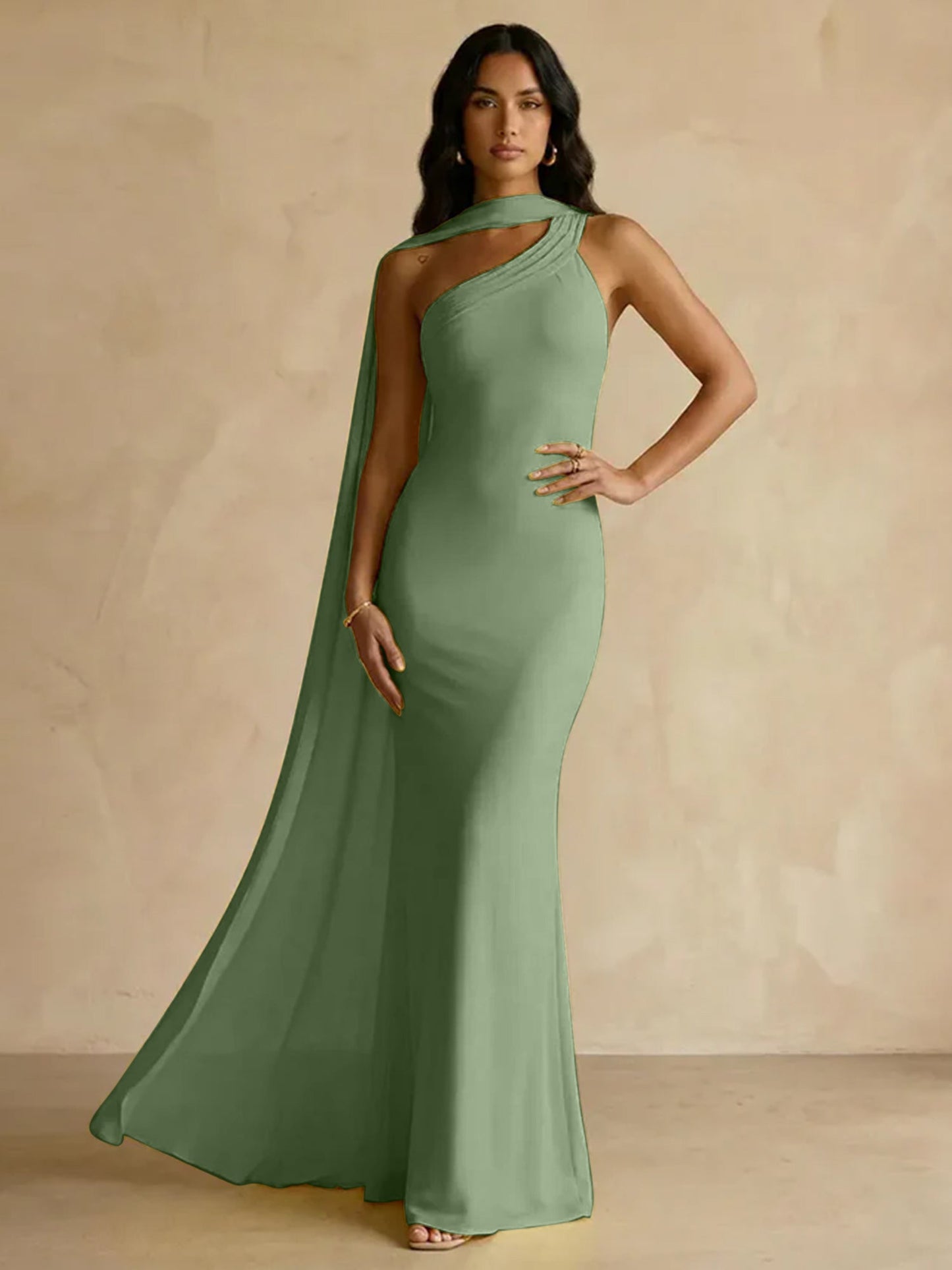 Capey | One Shoulder Crepe Sheath Chiffon Bridesmaid Dress