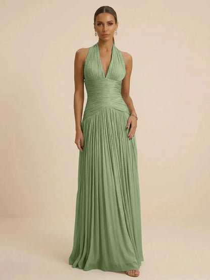 Sage | Halter Neck Pleated Ruched Chiffon Summer Wedding Guest Dress