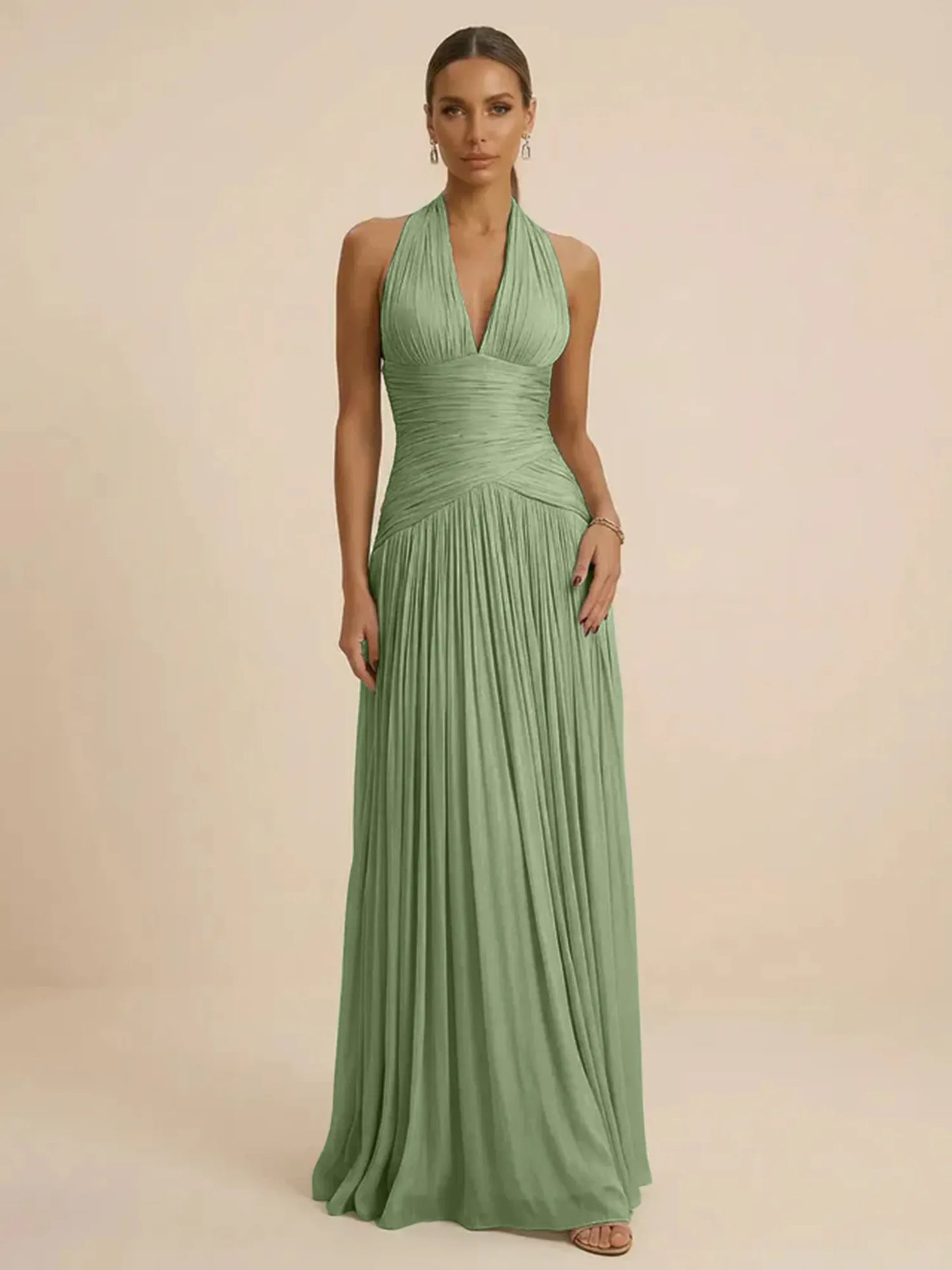 Sage | Halter Neck Pleated Ruched Chiffon Summer Wedding Guest Dress