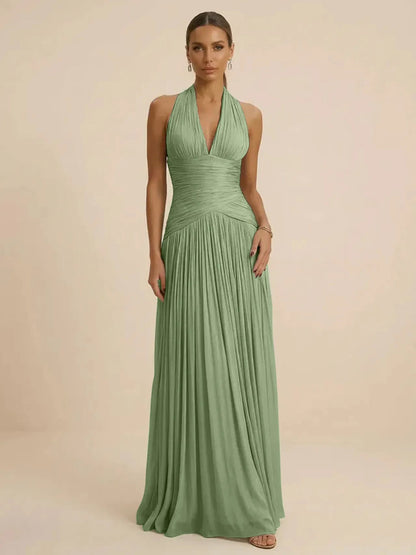Sage | Halter Neck Pleated Ruched Chiffon Summer Wedding Guest Dress