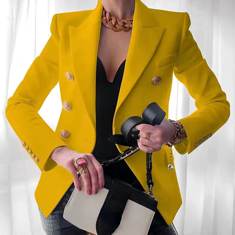 Women's Double-Breasted Blazer with Gold Buttons and Tailored Peak Lapel