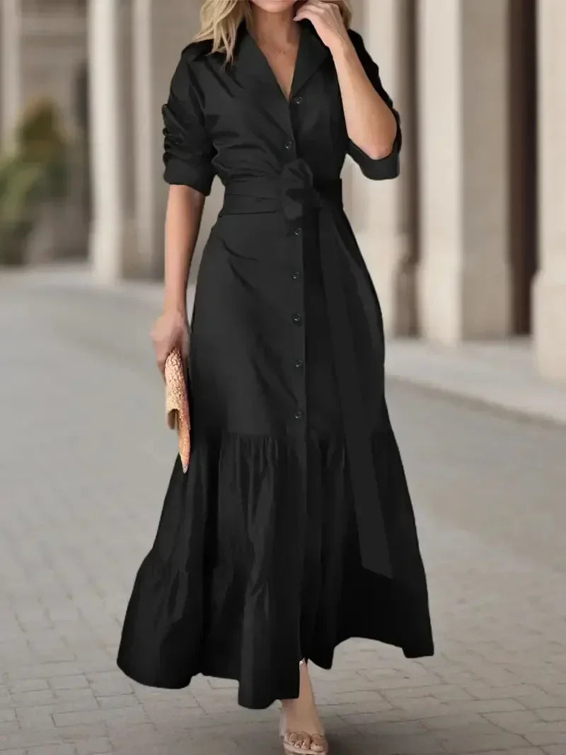 Women's Tiered Tie Waist Maxi Shirt Dress