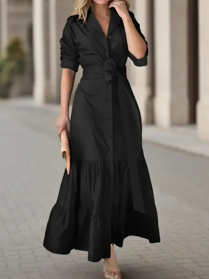 Women's Tiered Tie Waist Maxi Shirt Dress
