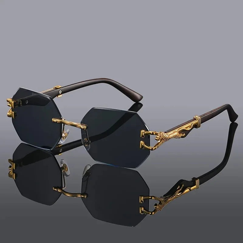 Women's Rimless Geometric Sunglasses with Sculptural Gold Panther Hardware Detail