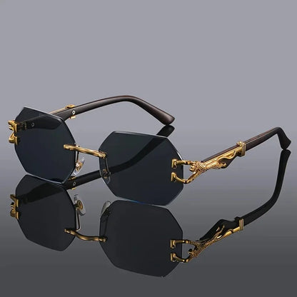 Women's Rimless Geometric Sunglasses with Sculptural Gold Panther Hardware Detail