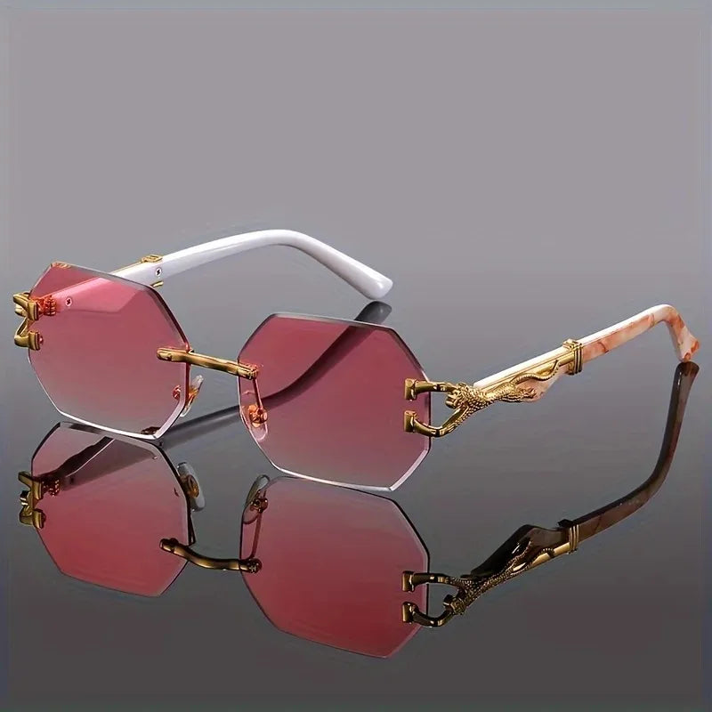 Women's Rimless Geometric Sunglasses with Sculptural Gold Panther Hardware Detail