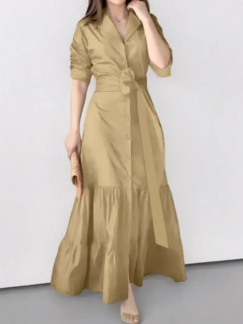 Women's Tiered Tie Waist Maxi Shirt Dress