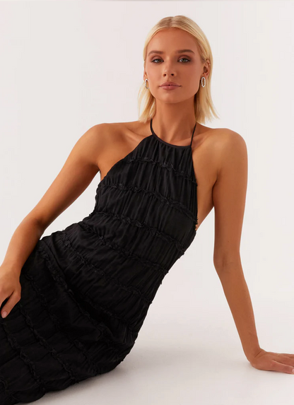 Harmony | Front-Pleated Lace Trim Halter Bridesmaid Dress