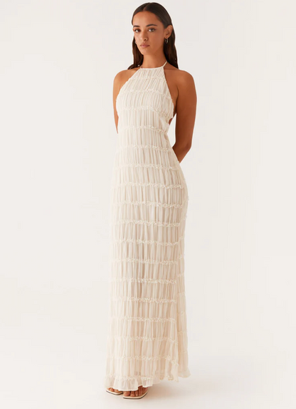 Harmony | Front-Pleated Lace Trim Halter Bridesmaid Dress