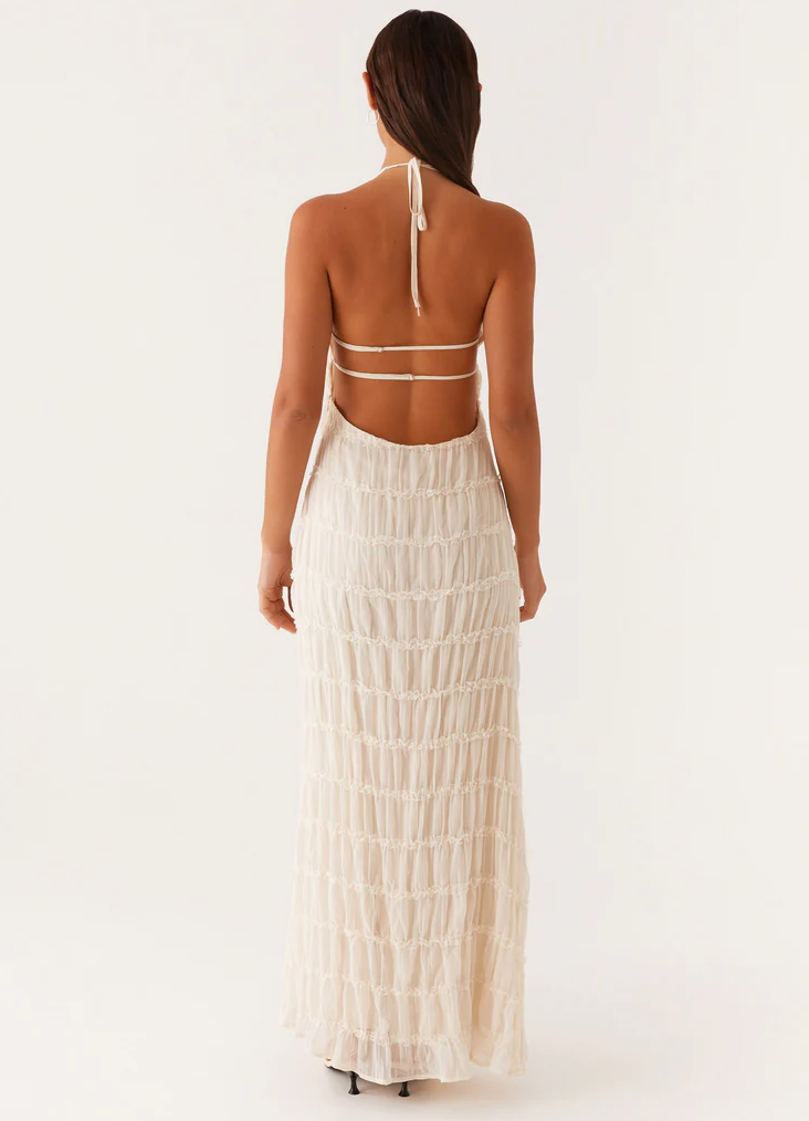 Harmony | Front-Pleated Lace Trim Halter Bridesmaid Dress